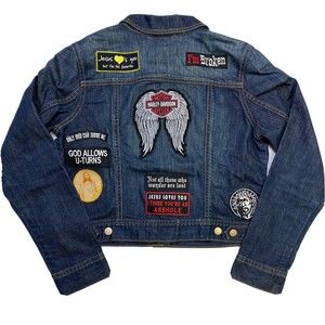 Rhinestone Studded Women’s Denim Jacket Large Patches Harley Davidson Wing Jesus